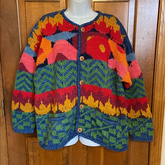 Vintage Express Tricot Cardigan Women One Size Handknit Wool Aztec Incan OS - Picture 2 of 11
